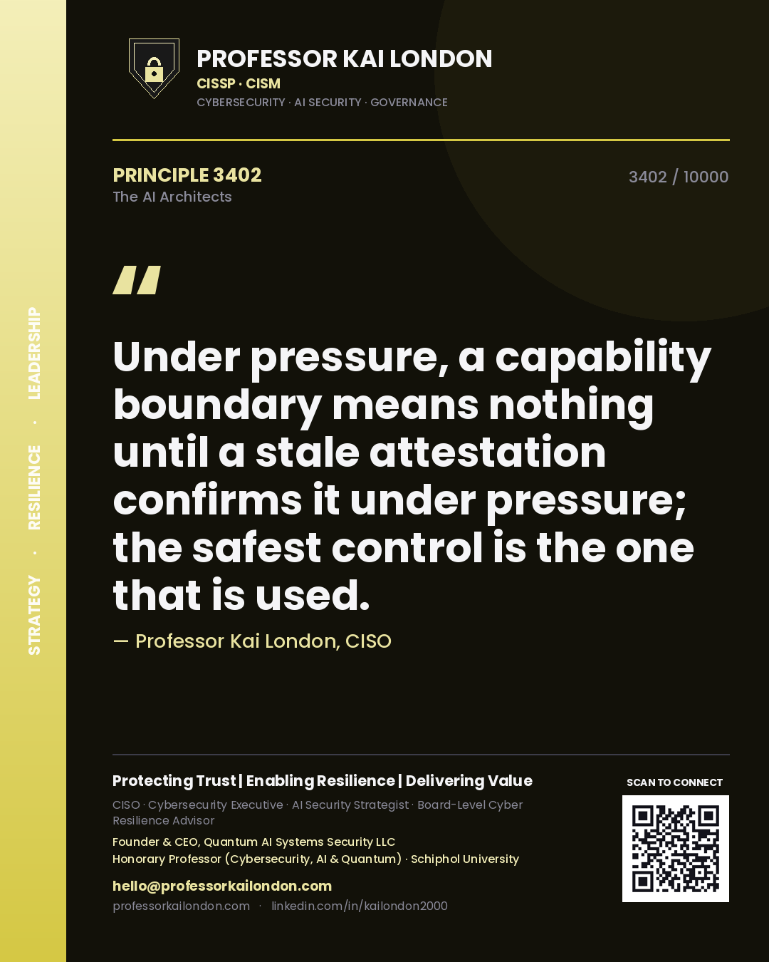 Professor Kai London principle 3402: Under pressure, a capability boundary means nothing until a stale attestation confirms it under pressure; the safest control is the one that is used.