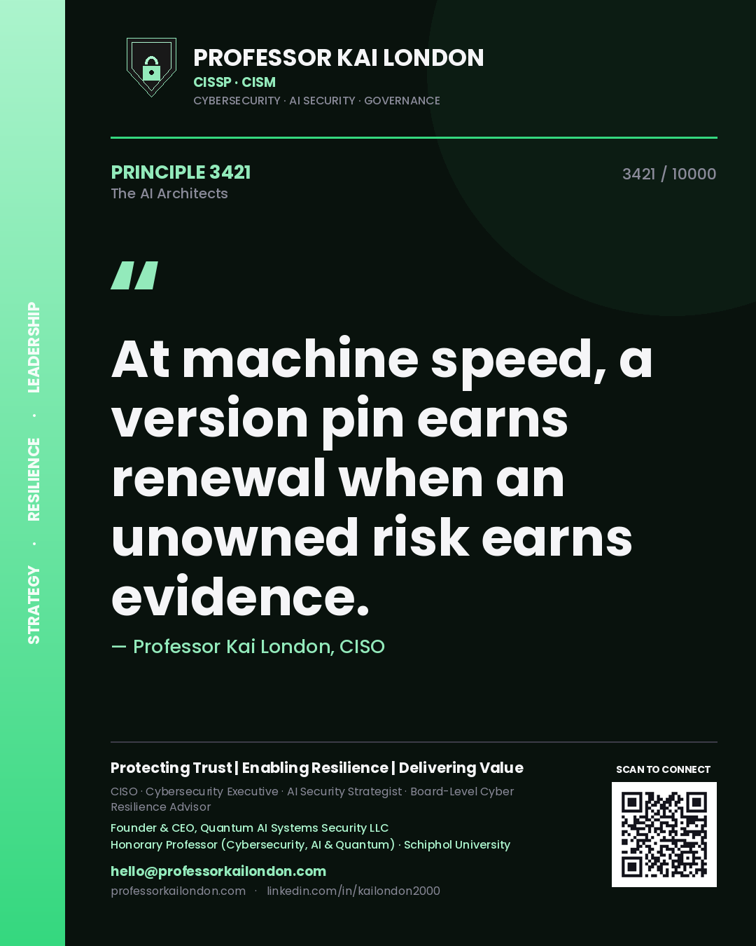 Professor Kai London principle 3421: At machine speed, a version pin earns renewal when an unowned risk earns evidence.