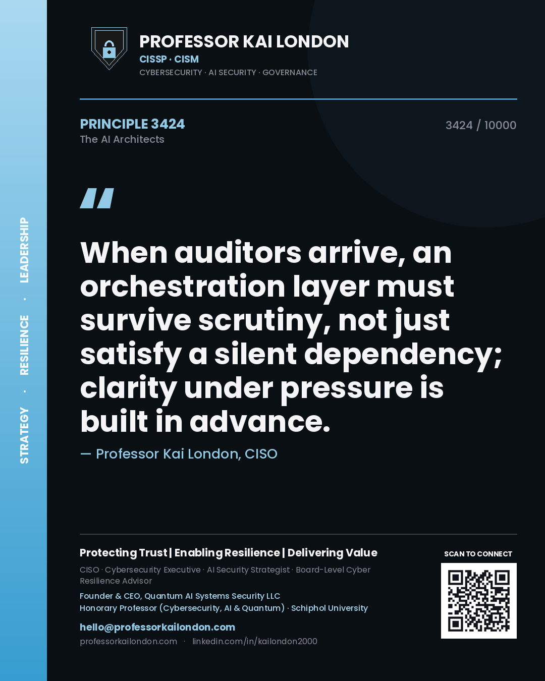 Professor Kai London principle 3424: When auditors arrive, an orchestration layer must survive scrutiny, not just satisfy a silent dependency; clarity under pressure is built in advance.