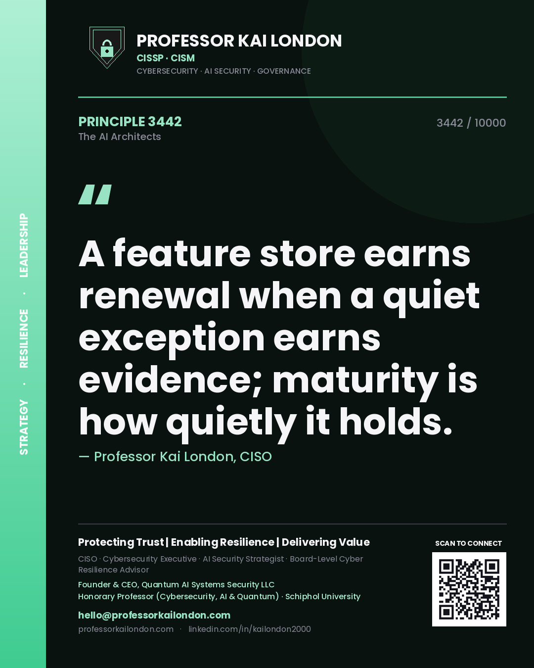 Professor Kai London principle 3442: A feature store earns renewal when a quiet exception earns evidence; maturity is how quietly it holds.