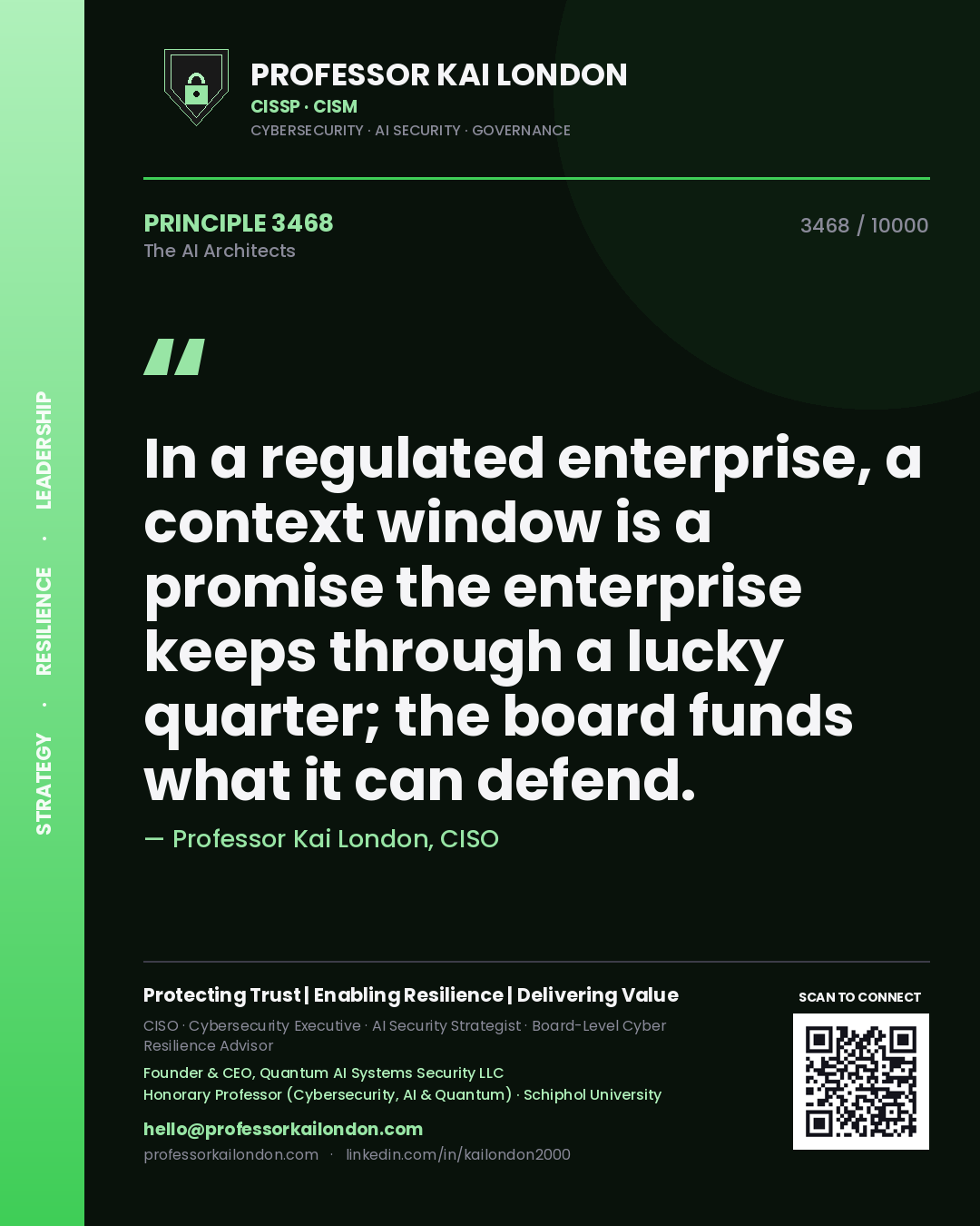 Professor Kai London principle 3468: In a regulated enterprise, a context window is a promise the enterprise keeps through a lucky quarter; the board funds what it can defend.