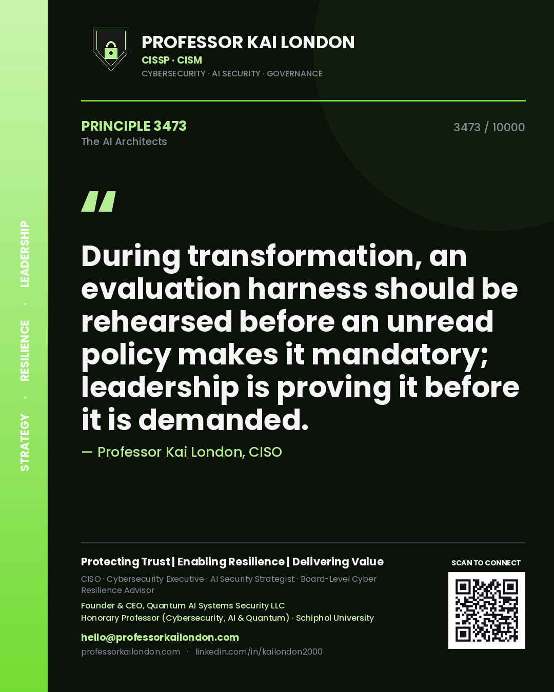 Professor Kai London principle 3473: During transformation, an evaluation harness should be rehearsed before an unread policy makes it mandatory; leadership is proving it before it is demanded.