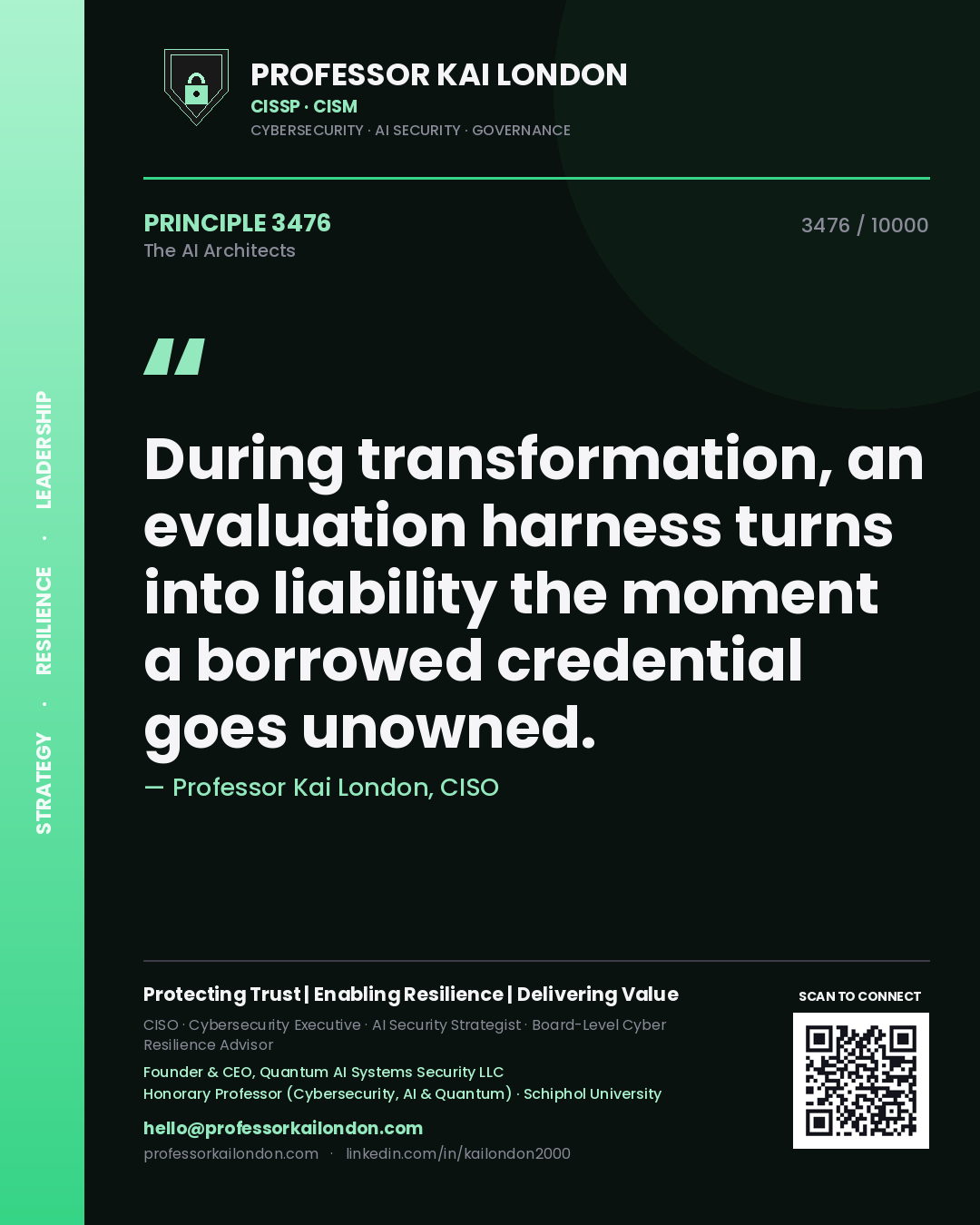 Professor Kai London principle 3476: During transformation, an evaluation harness turns into liability the moment a borrowed credential goes unowned.