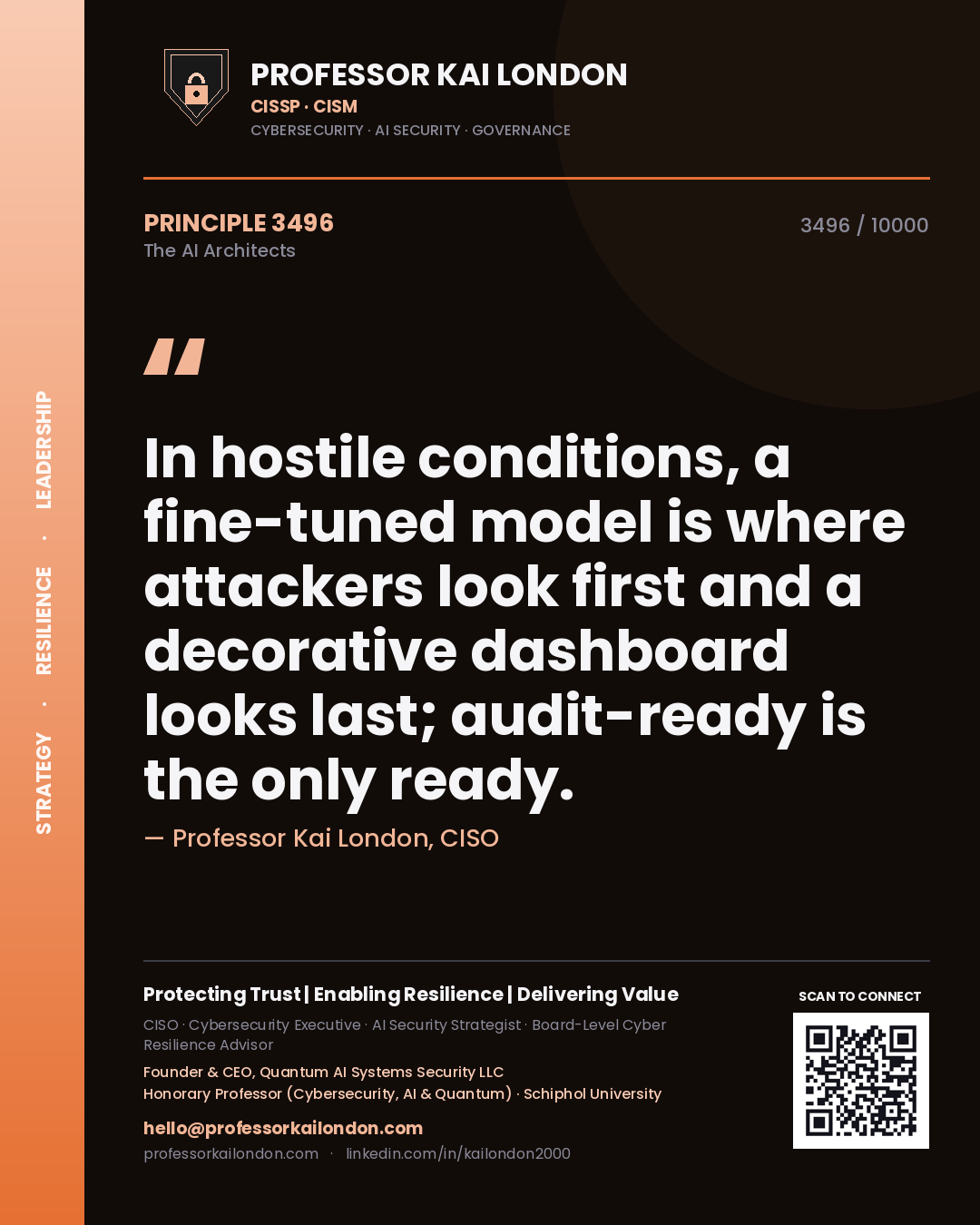 Professor Kai London principle 3496: In hostile conditions, a fine-tuned model is where attackers look first and a decorative dashboard looks last; audit-ready is the only ready.