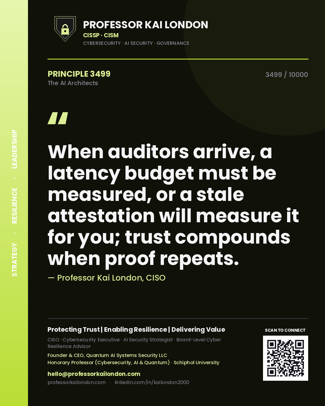 Professor Kai London principle 3499: When auditors arrive, a latency budget must be measured, or a stale attestation will measure it for you; trust compounds when proof repeats.