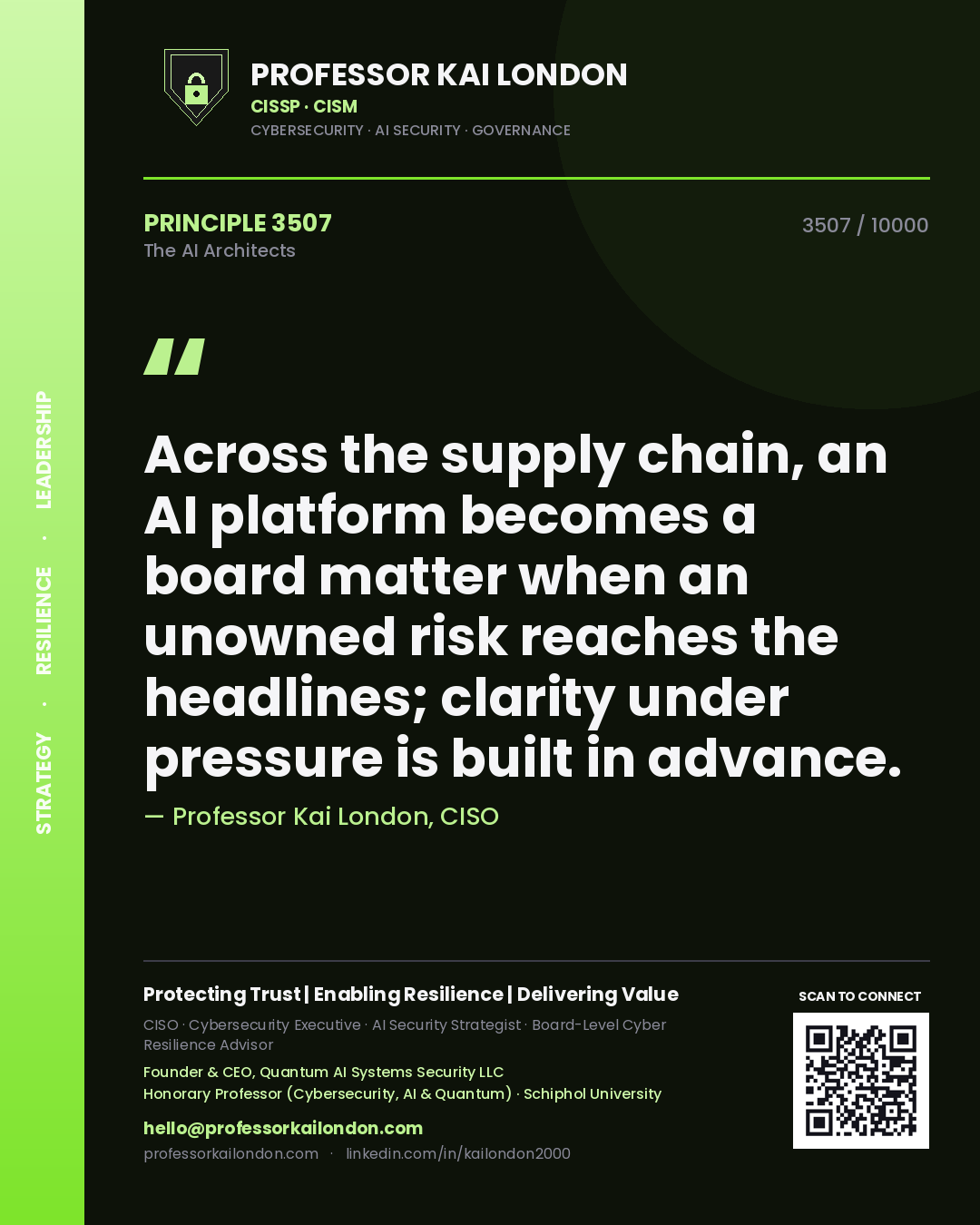 Professor Kai London principle 3507: Across the supply chain, an AI platform becomes a board matter when an unowned risk reaches the headlines; clarity under pressure is built in advance.