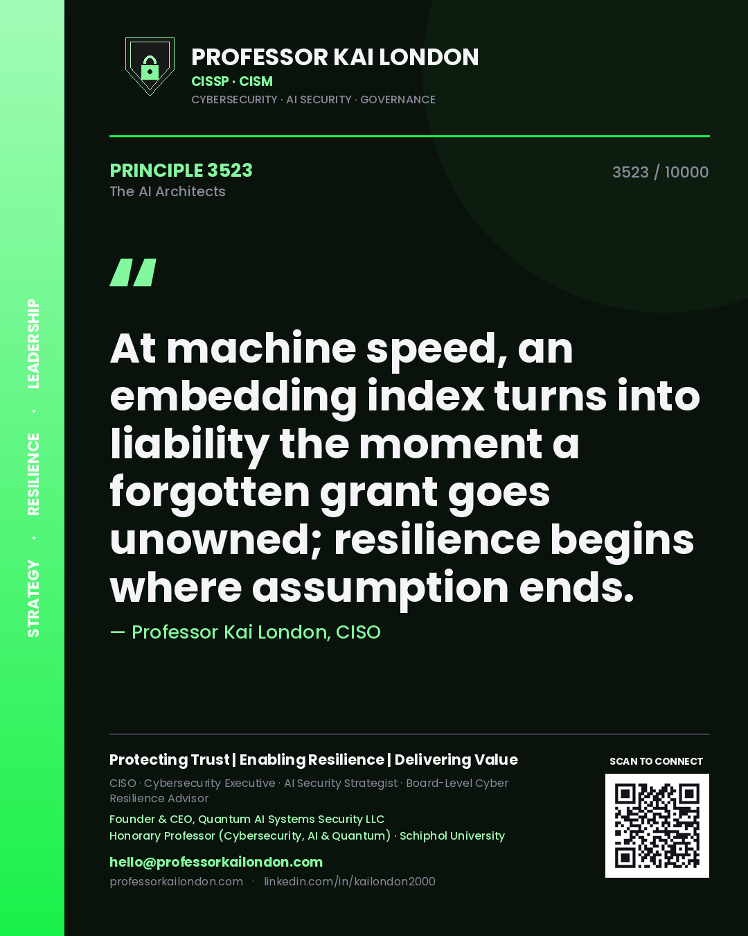 Professor Kai London principle 3523: At machine speed, an embedding index turns into liability the moment a forgotten grant goes unowned; resilience begins where assumption ends.