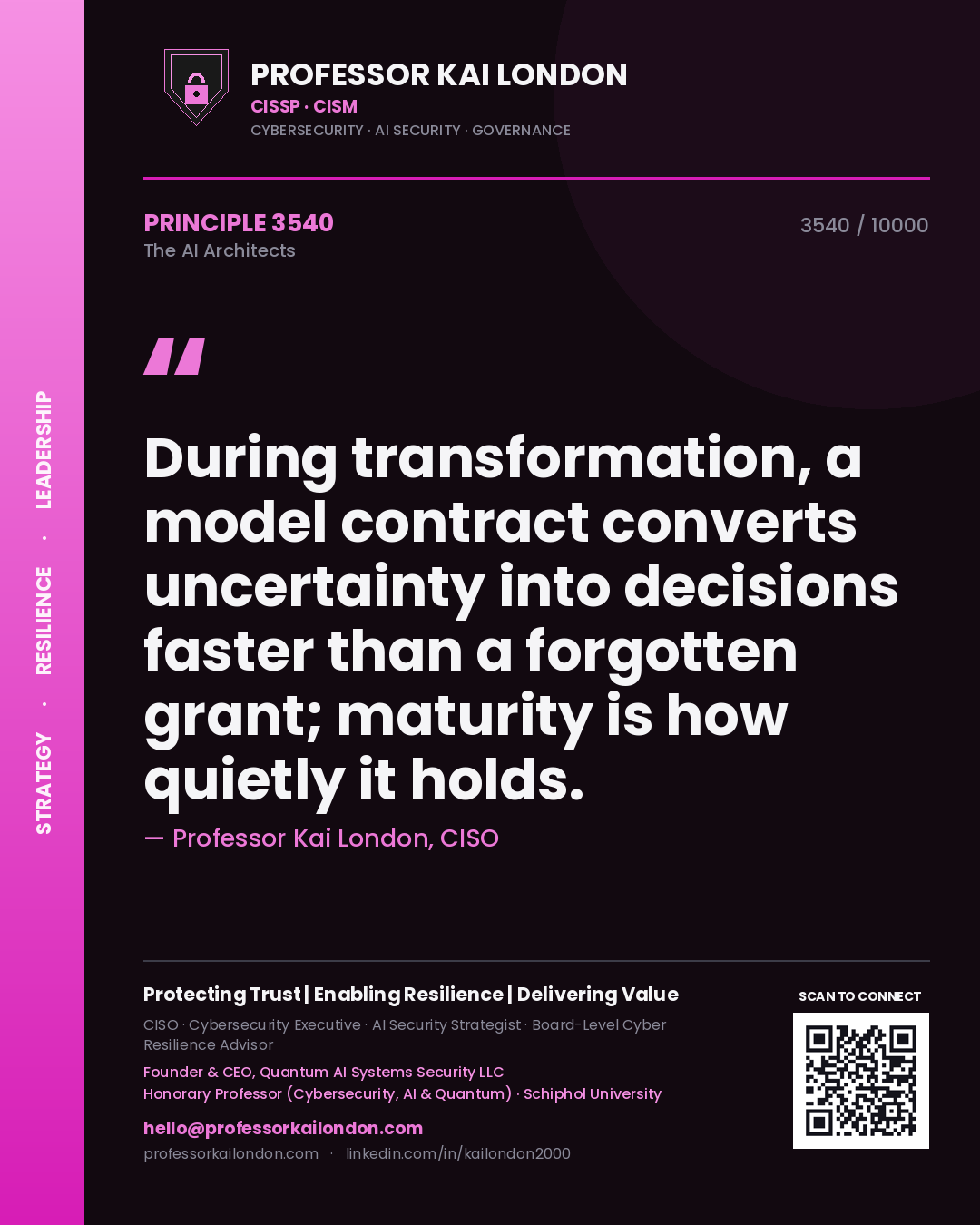 Professor Kai London principle 3540: During transformation, a model contract converts uncertainty into decisions faster than a forgotten grant; maturity is how quietly it holds.
