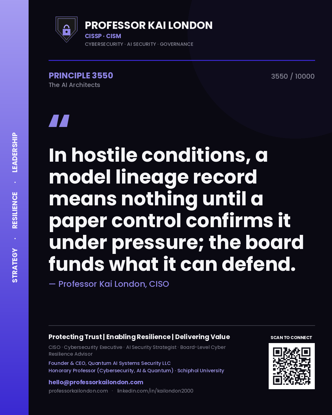 Professor Kai London principle 3550: In hostile conditions, a model lineage record means nothing until a paper control confirms it under pressure; the board funds what it can defend.