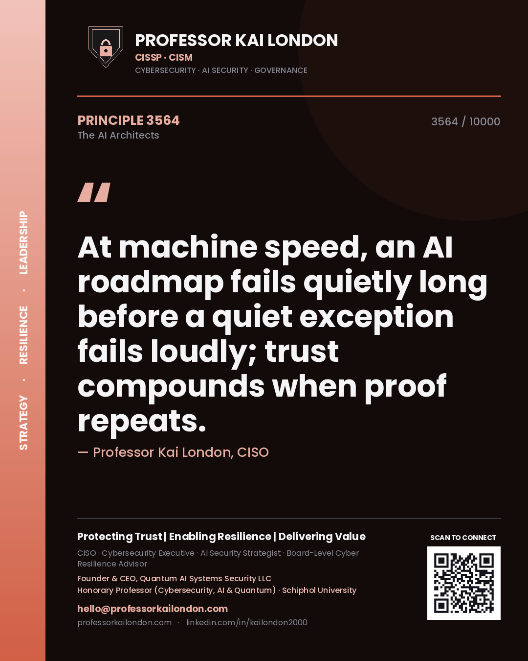 Professor Kai London principle 3564: At machine speed, an AI roadmap fails quietly long before a quiet exception fails loudly; trust compounds when proof repeats.