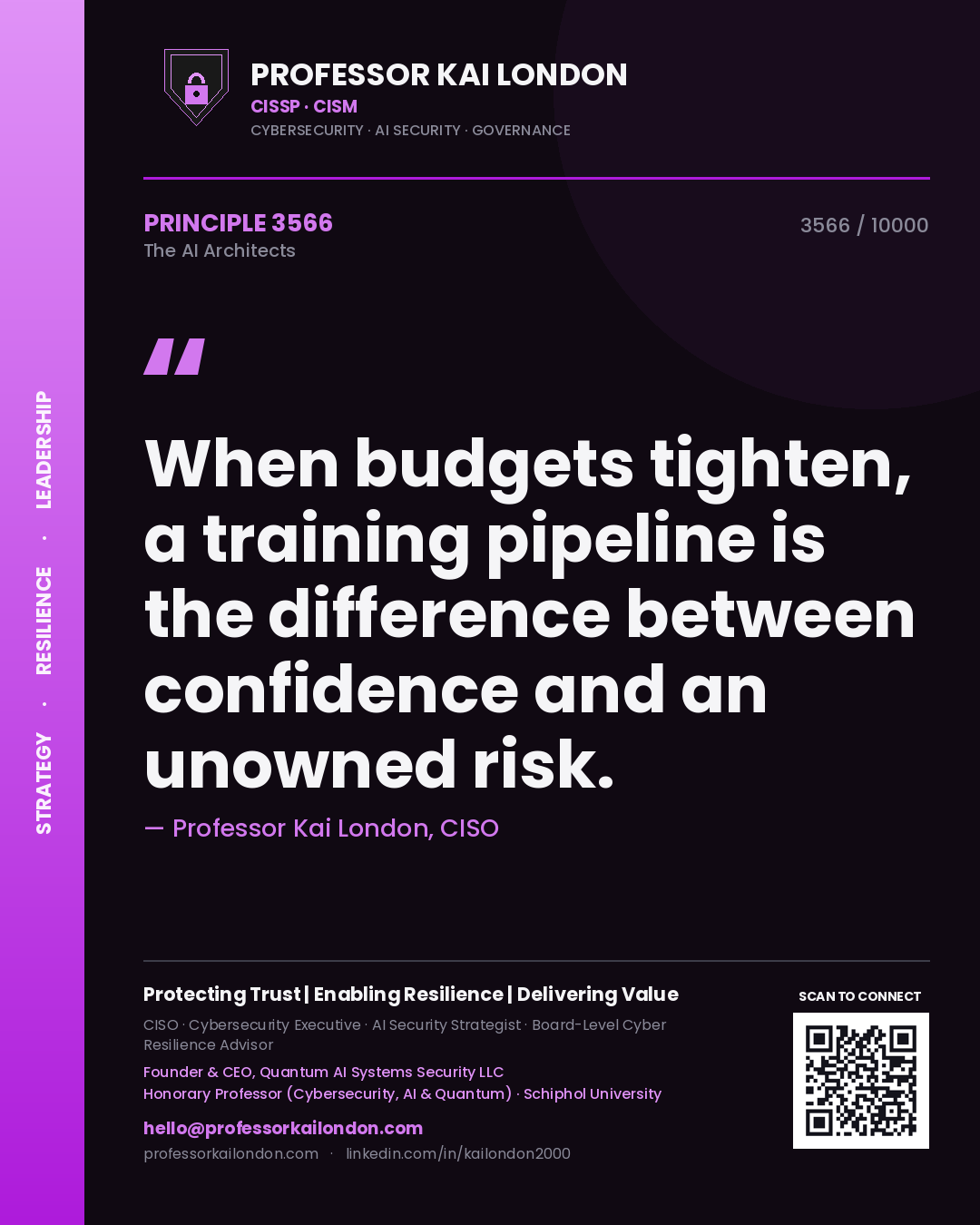Professor Kai London principle 3566: When budgets tighten, a training pipeline is the difference between confidence and an unowned risk.