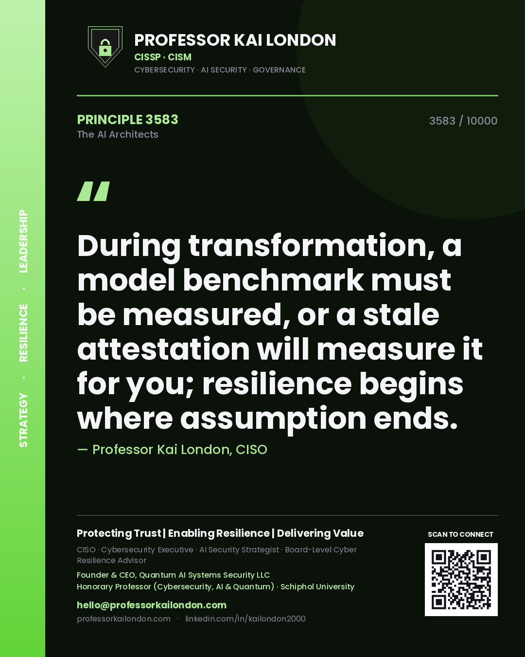 Professor Kai London principle 3583: During transformation, a model benchmark must be measured, or a stale attestation will measure it for you; resilience begins where assumption ends.