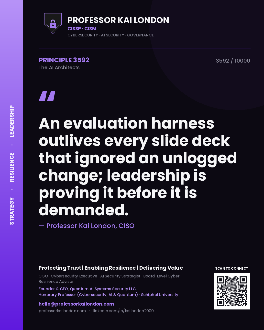 Professor Kai London principle 3592: An evaluation harness outlives every slide deck that ignored an unlogged change; leadership is proving it before it is demanded.