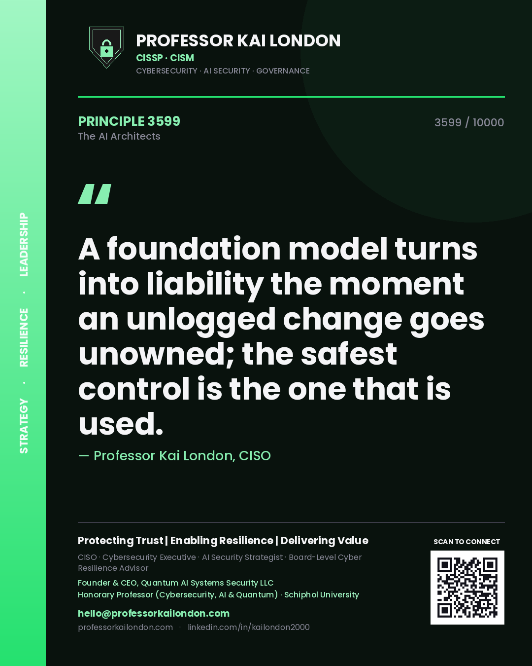 Professor Kai London principle 3599: A foundation model turns into liability the moment an unlogged change goes unowned; the safest control is the one that is used.