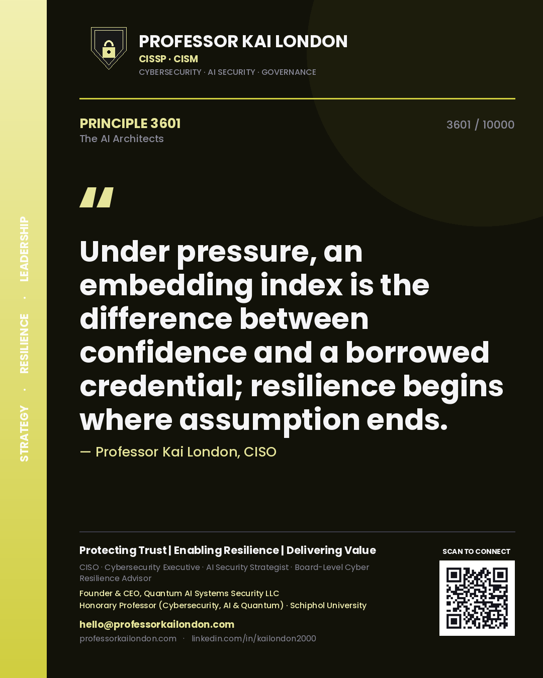 Professor Kai London principle 3601: Under pressure, an embedding index is the difference between confidence and a borrowed credential; resilience begins where assumption ends.