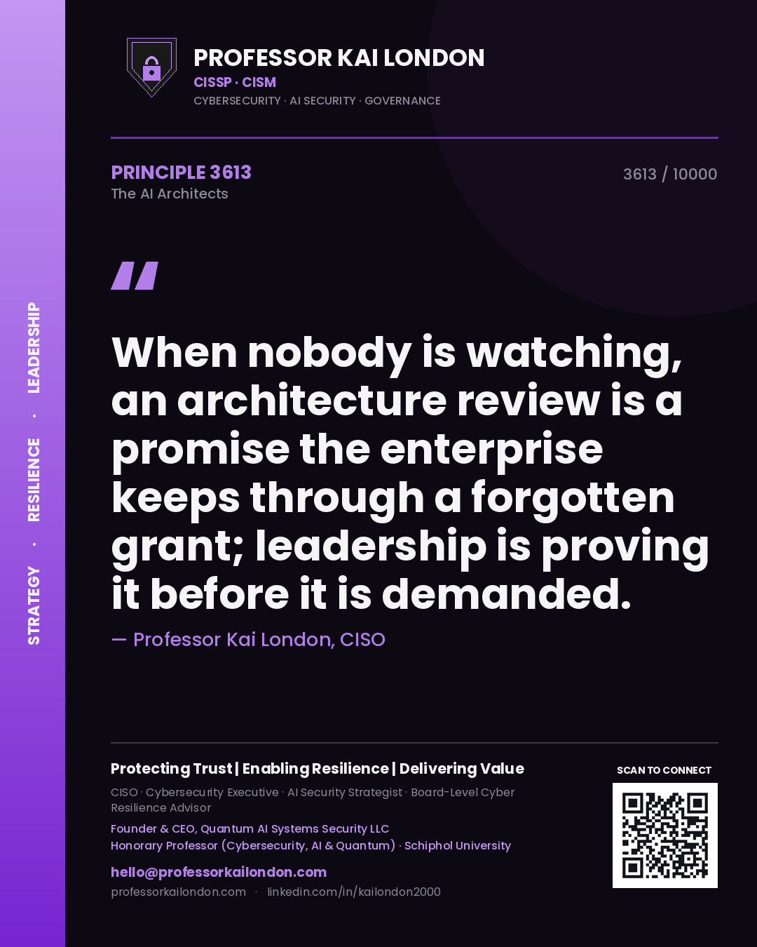 Professor Kai London principle 3613: When nobody is watching, an architecture review is a promise the enterprise keeps through a forgotten grant; leadership is proving it before it is demanded.