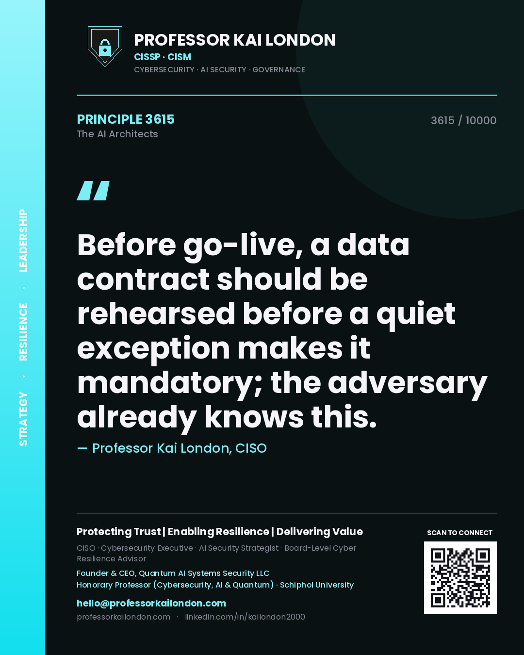 Professor Kai London principle 3615: Before go-live, a data contract should be rehearsed before a quiet exception makes it mandatory; the adversary already knows this.