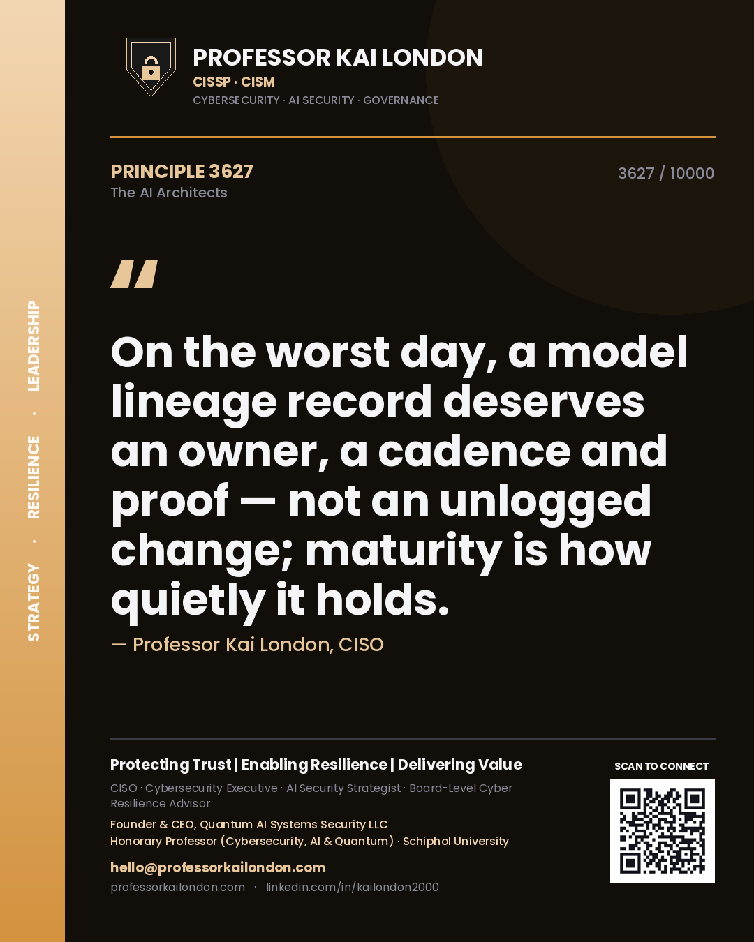 Professor Kai London principle 3627: On the worst day, a model lineage record deserves an owner, a cadence and proof — not an unlogged change; maturity is how quietly it holds.