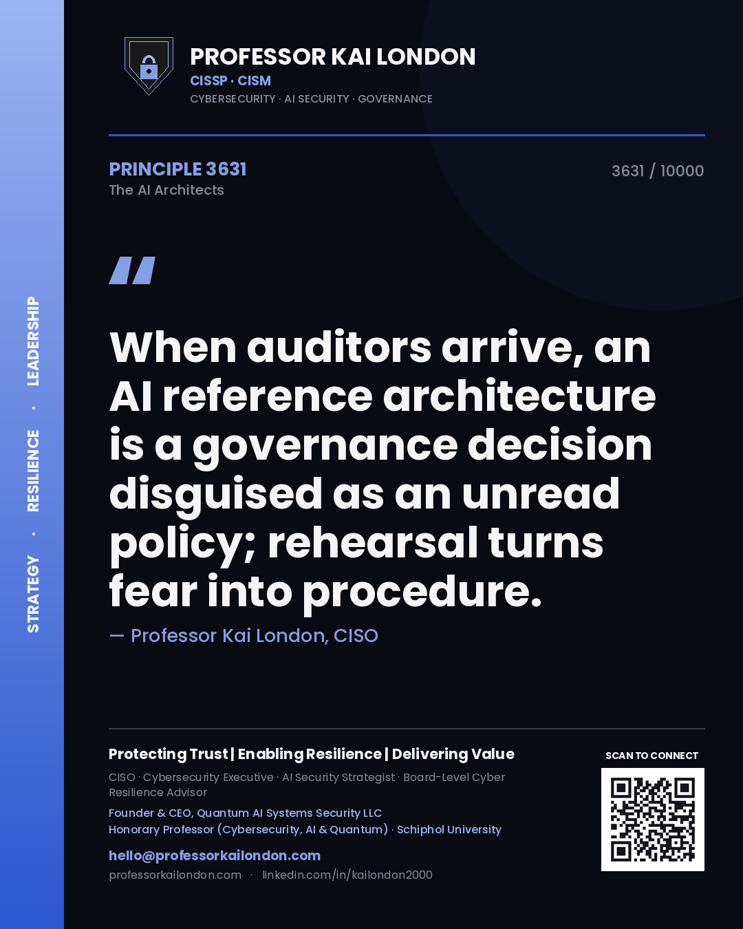 Professor Kai London principle 3631: When auditors arrive, an AI reference architecture is a governance decision disguised as an unread policy; rehearsal turns fear into procedure.