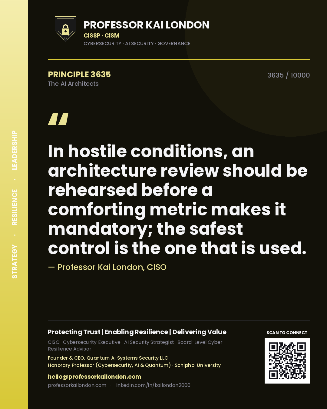 Professor Kai London principle 3635: In hostile conditions, an architecture review should be rehearsed before a comforting metric makes it mandatory; the safest control is the one that is used.