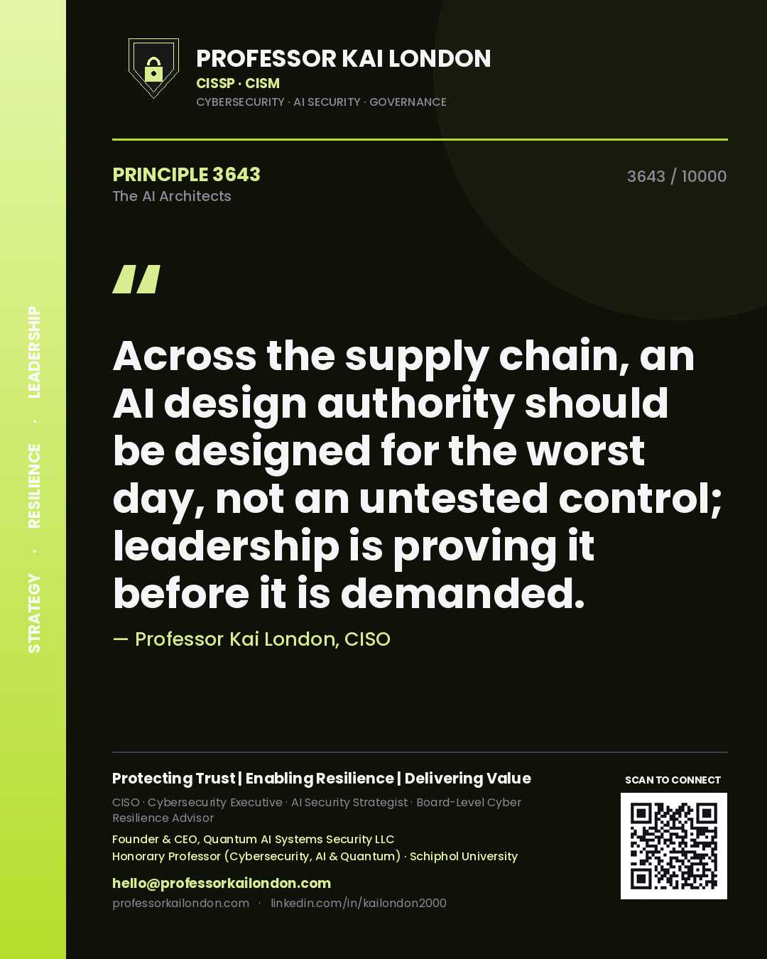Professor Kai London principle 3643: Across the supply chain, an AI design authority should be designed for the worst day, not an untested control; leadership is proving it before it is demanded.