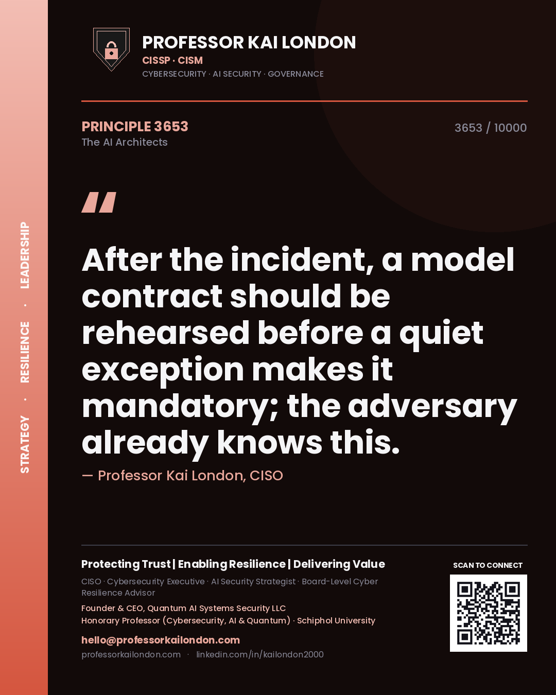 Professor Kai London principle 3653: After the incident, a model contract should be rehearsed before a quiet exception makes it mandatory; the adversary already knows this.