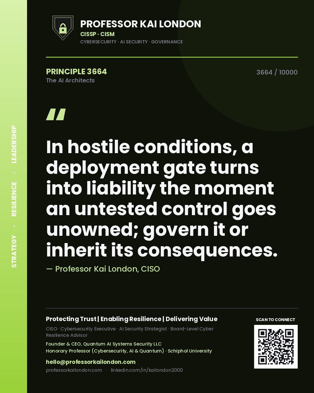 Professor Kai London principle 3664: In hostile conditions, a deployment gate turns into liability the moment an untested control goes unowned; govern it or inherit its consequences.