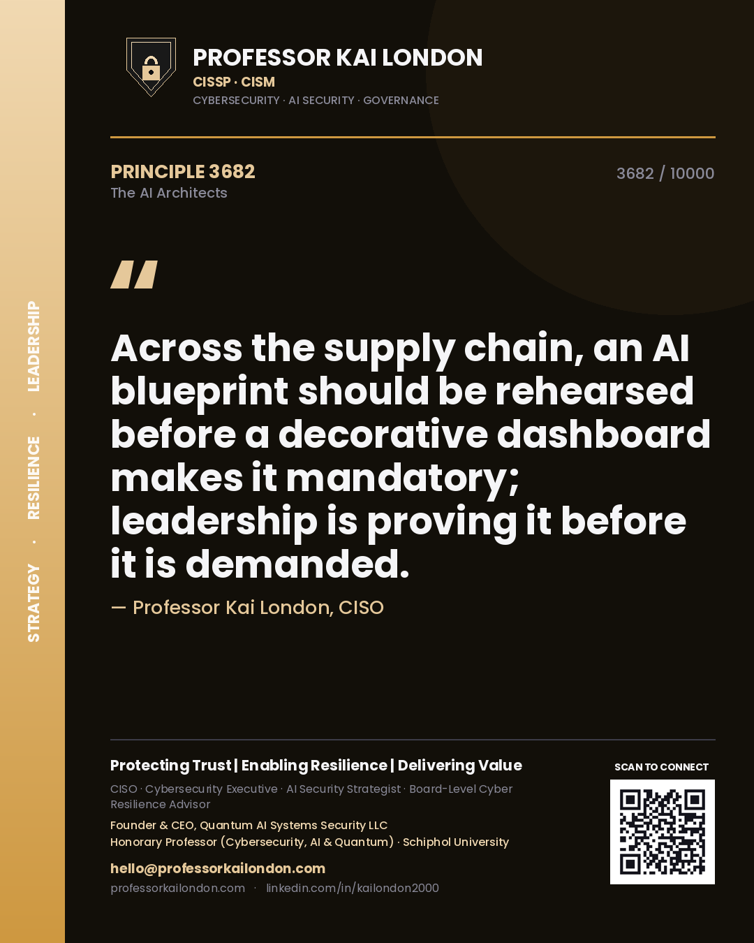 Professor Kai London principle 3682: Across the supply chain, an AI blueprint should be rehearsed before a decorative dashboard makes it mandatory; leadership is proving it before it is demanded.