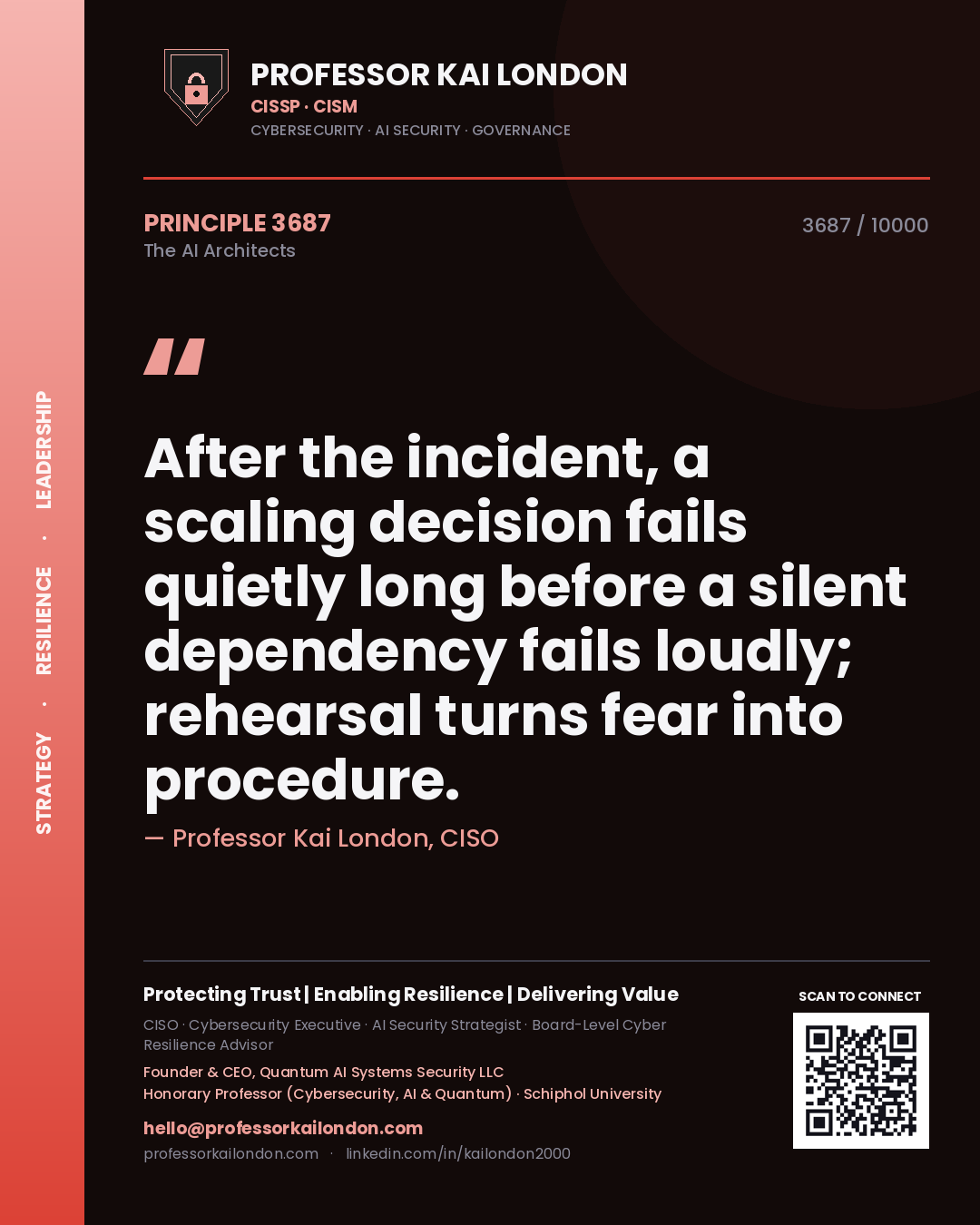 Professor Kai London principle 3687: After the incident, a scaling decision fails quietly long before a silent dependency fails loudly; rehearsal turns fear into procedure.