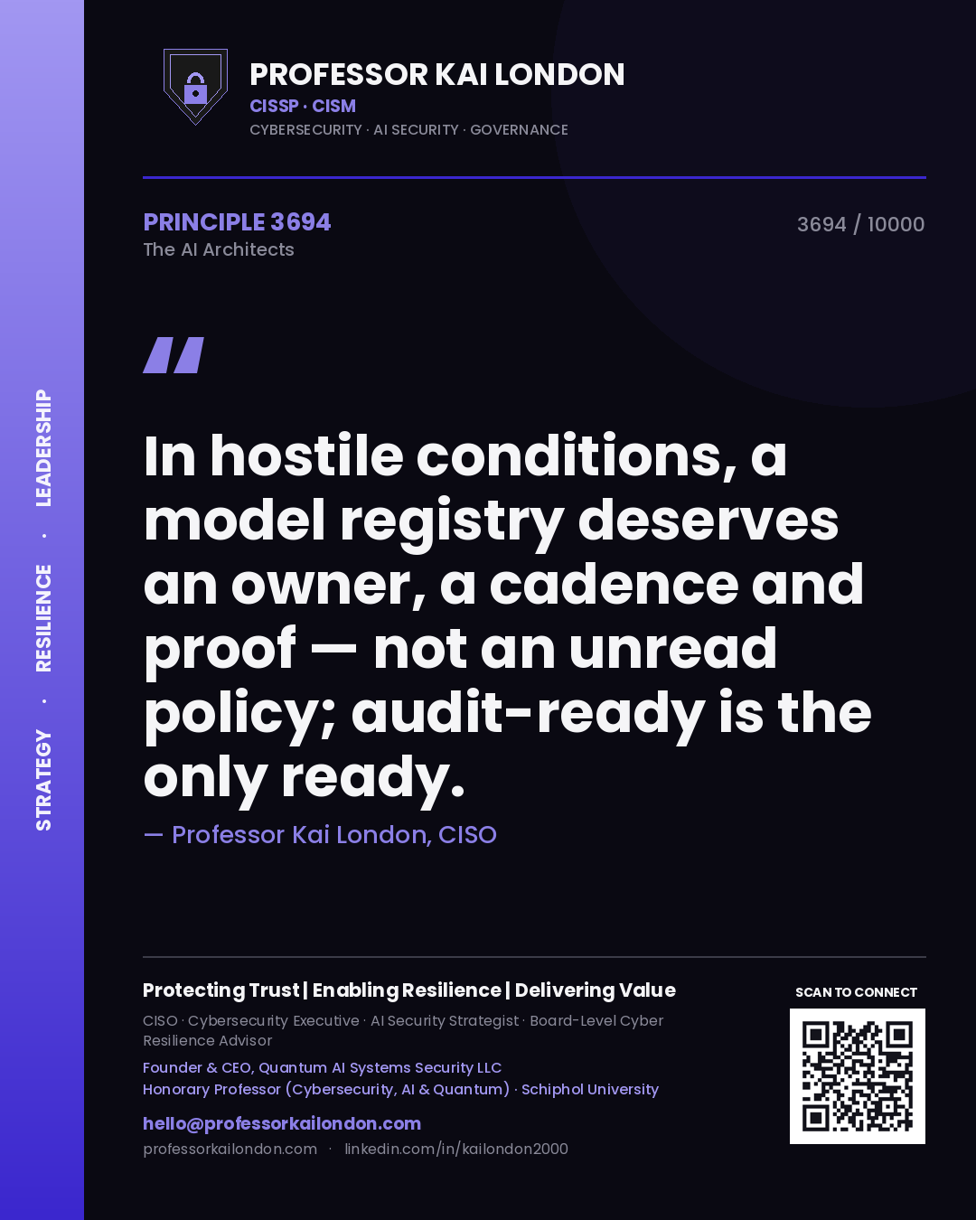 Professor Kai London principle 3694: In hostile conditions, a model registry deserves an owner, a cadence and proof — not an unread policy; audit-ready is the only ready.