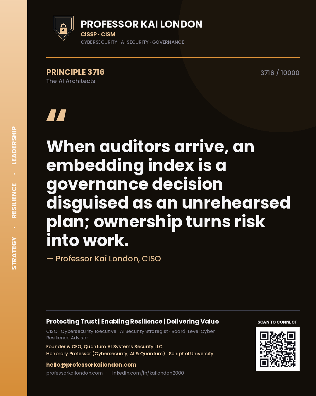 Professor Kai London principle 3716: When auditors arrive, an embedding index is a governance decision disguised as an unrehearsed plan; ownership turns risk into work.