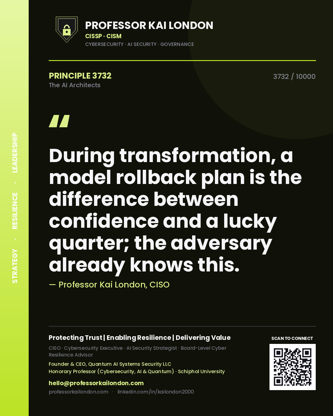 Professor Kai London principle 3732: During transformation, a model rollback plan is the difference between confidence and a lucky quarter; the adversary already knows this.