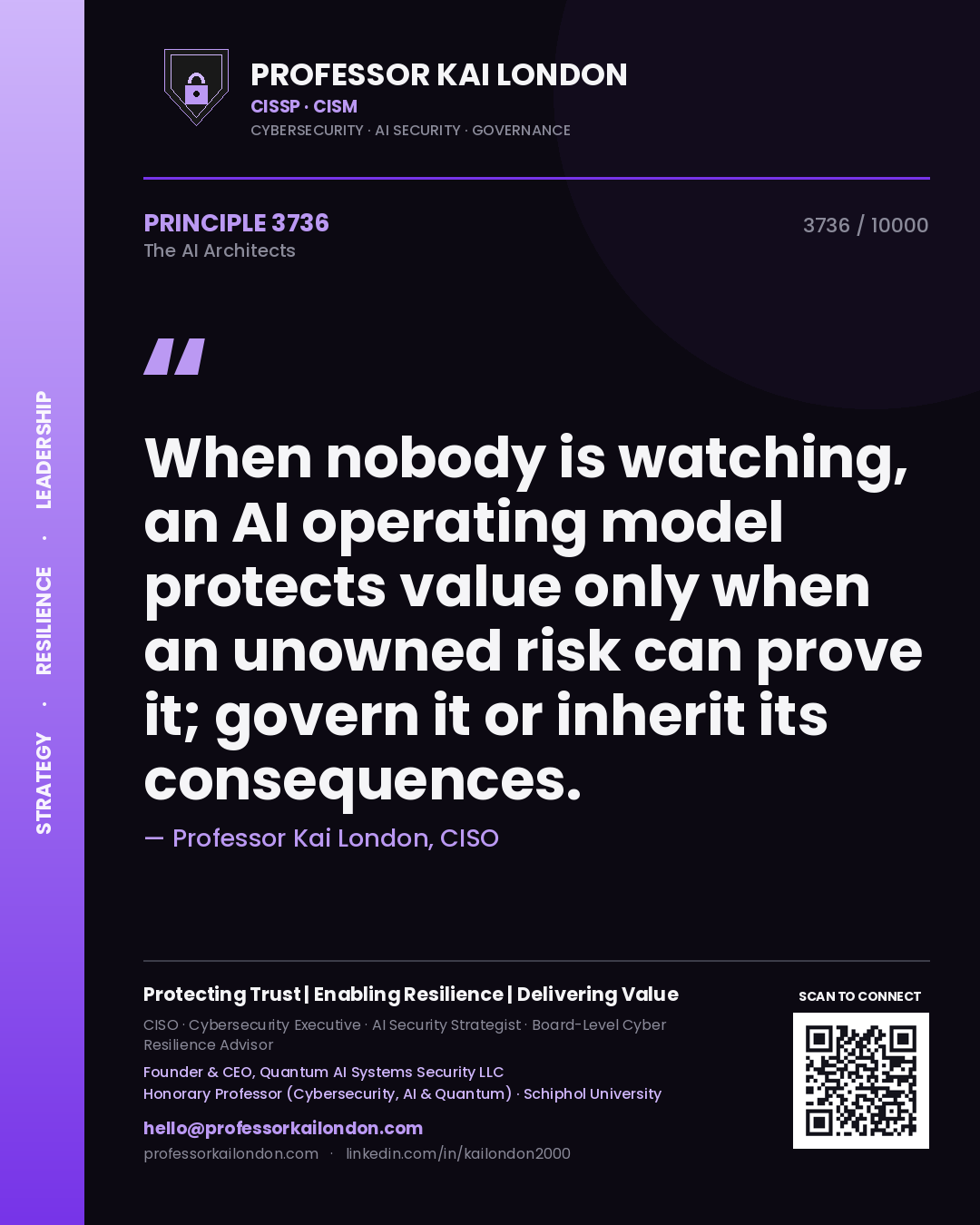 Professor Kai London principle 3736: When nobody is watching, an AI operating model protects value only when an unowned risk can prove it; govern it or inherit its consequences.