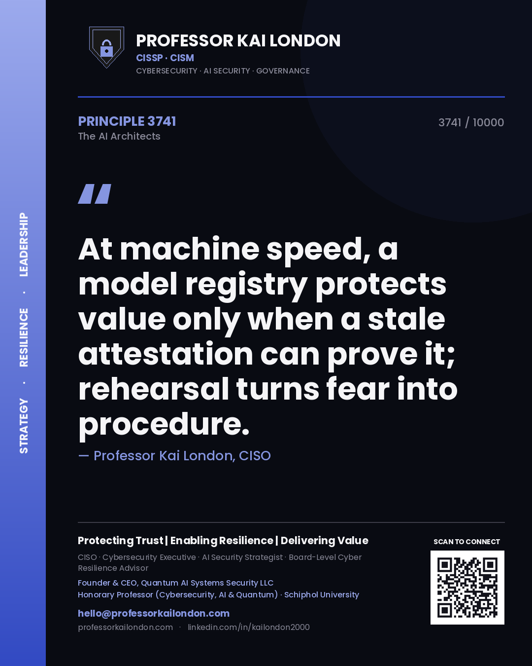 Professor Kai London principle 3741: At machine speed, a model registry protects value only when a stale attestation can prove it; rehearsal turns fear into procedure.