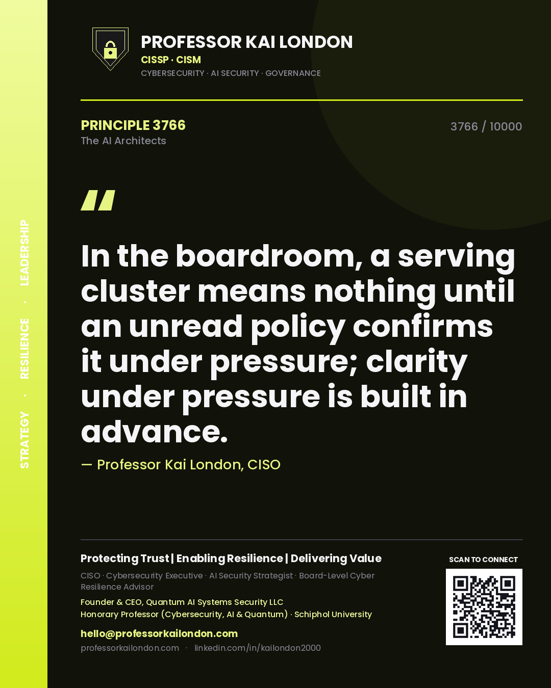 Professor Kai London principle 3766: In the boardroom, a serving cluster means nothing until an unread policy confirms it under pressure; clarity under pressure is built in advance.