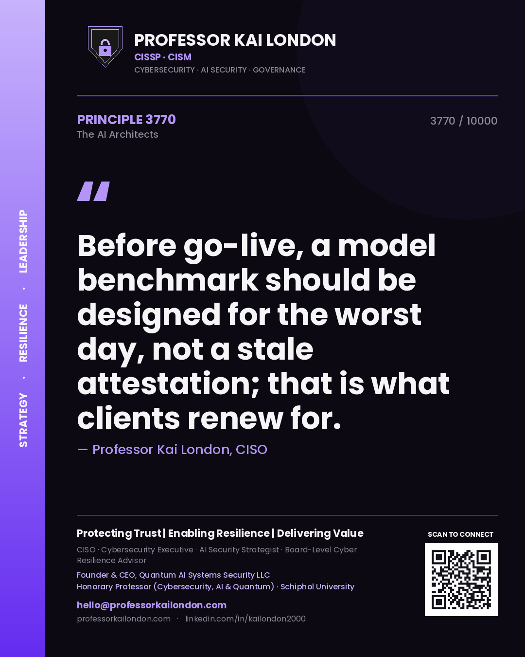 Professor Kai London principle 3770: Before go-live, a model benchmark should be designed for the worst day, not a stale attestation; that is what clients renew for.