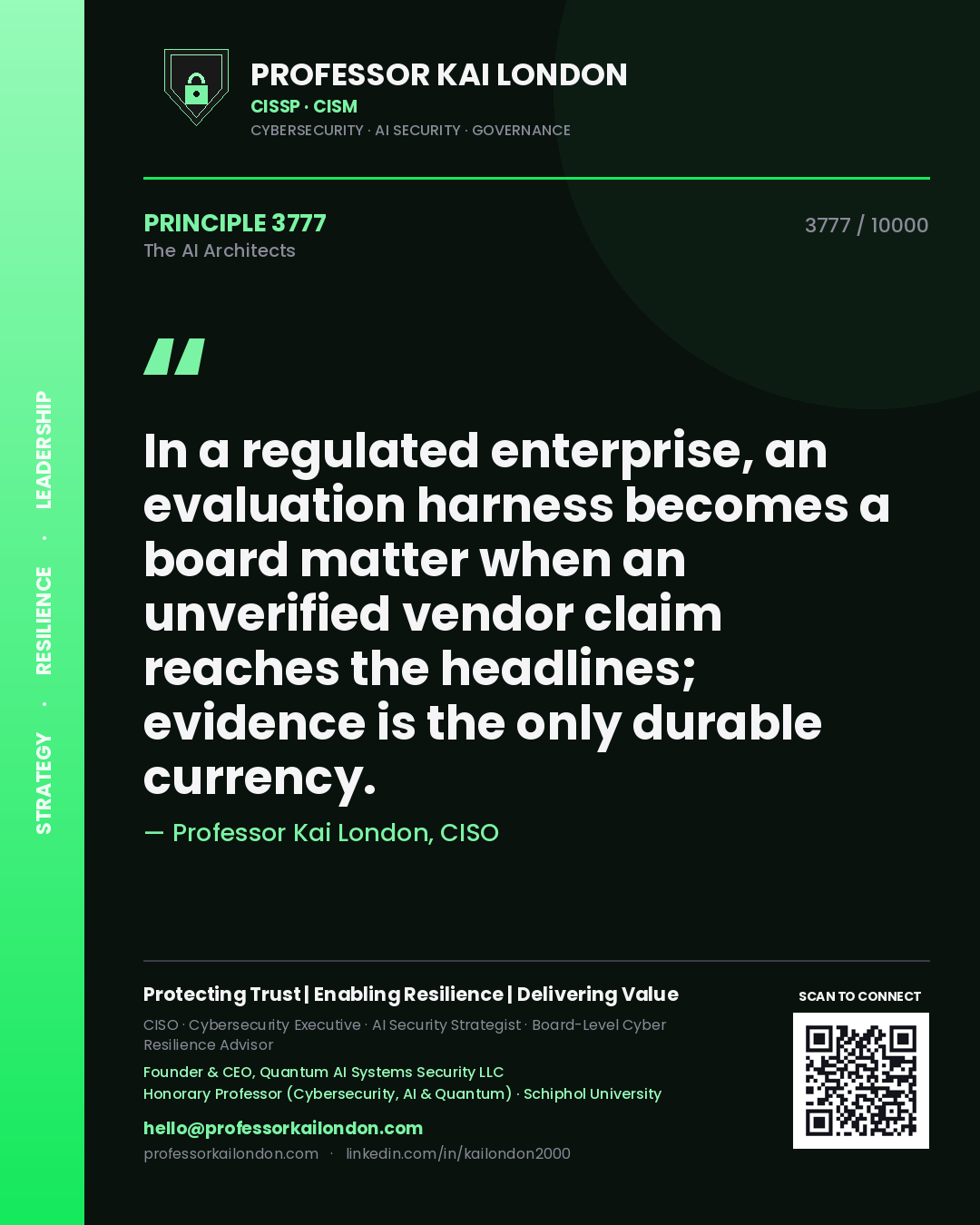 Professor Kai London principle 3777: In a regulated enterprise, an evaluation harness becomes a board matter when an unverified vendor claim reaches the headlines; evidence is the only durable currency.