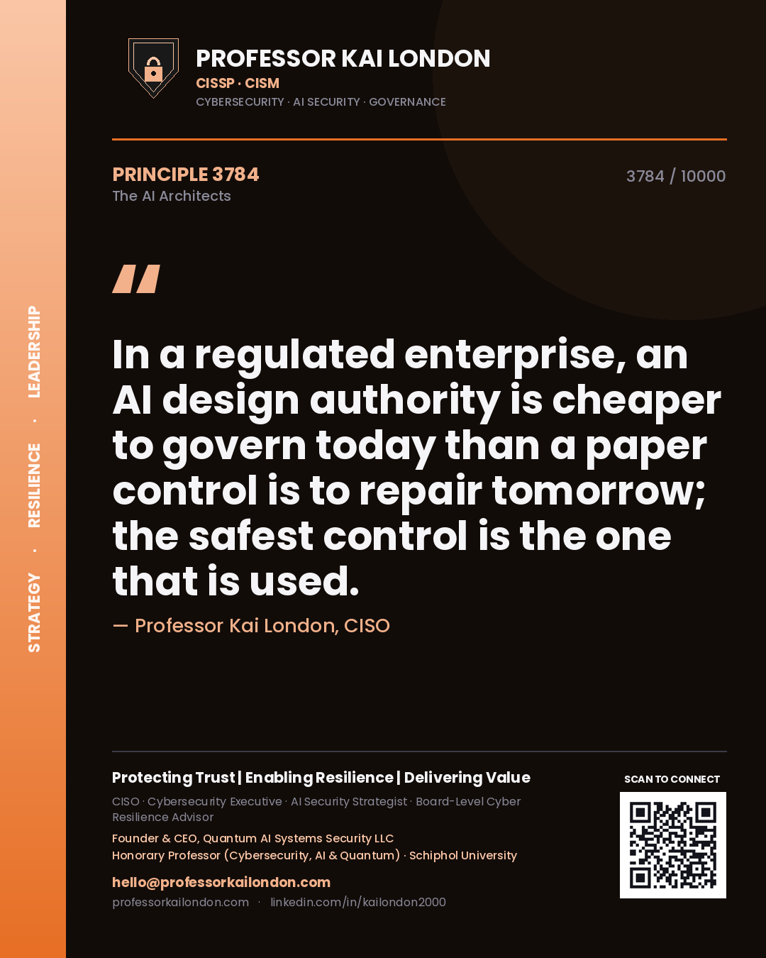Professor Kai London principle 3784: In a regulated enterprise, an AI design authority is cheaper to govern today than a paper control is to repair tomorrow; the safest control is the one that is used.