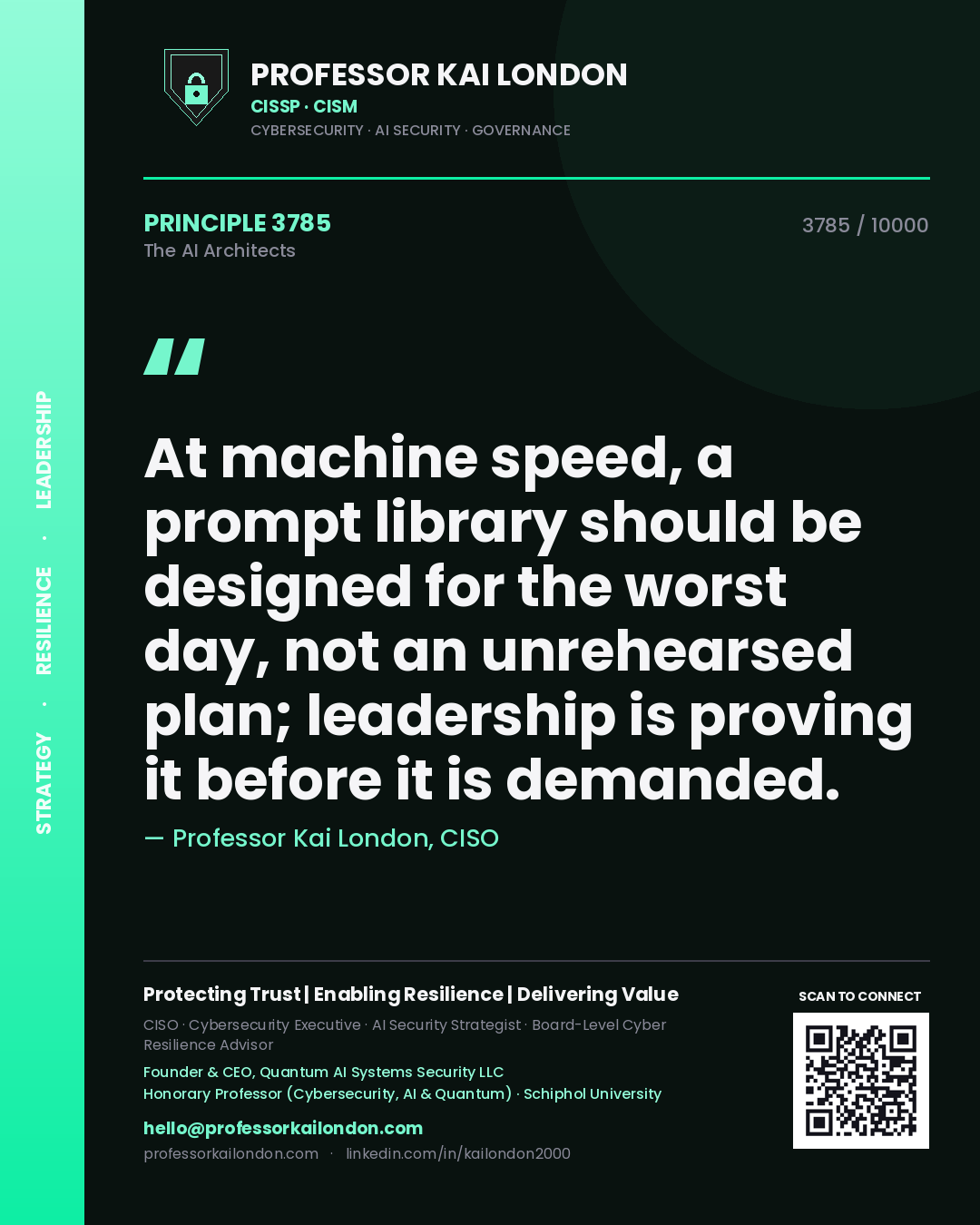 Professor Kai London principle 3785: At machine speed, a prompt library should be designed for the worst day, not an unrehearsed plan; leadership is proving it before it is demanded.