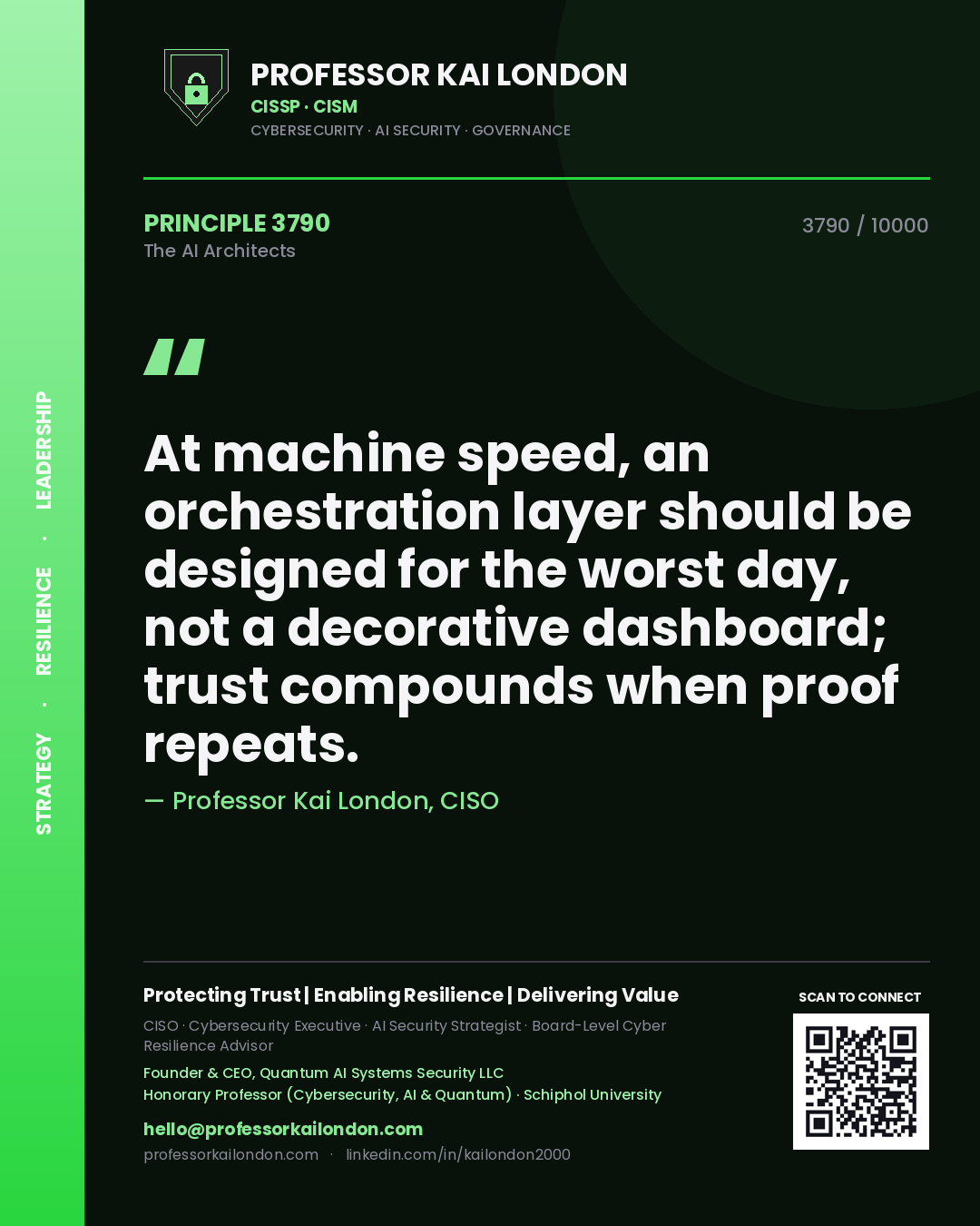 Professor Kai London principle 3790: At machine speed, an orchestration layer should be designed for the worst day, not a decorative dashboard; trust compounds when proof repeats.