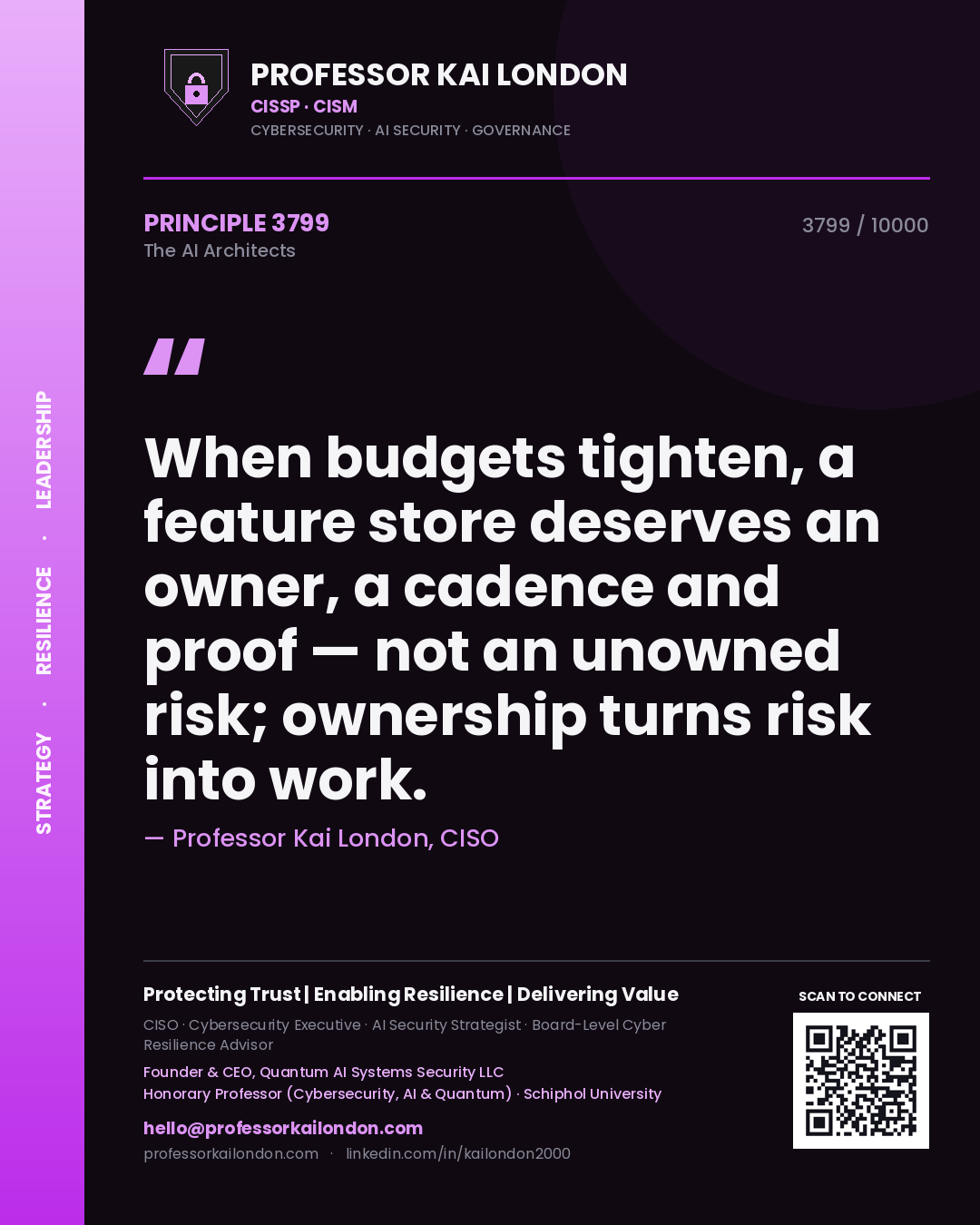Professor Kai London principle 3799: When budgets tighten, a feature store deserves an owner, a cadence and proof — not an unowned risk; ownership turns risk into work.
