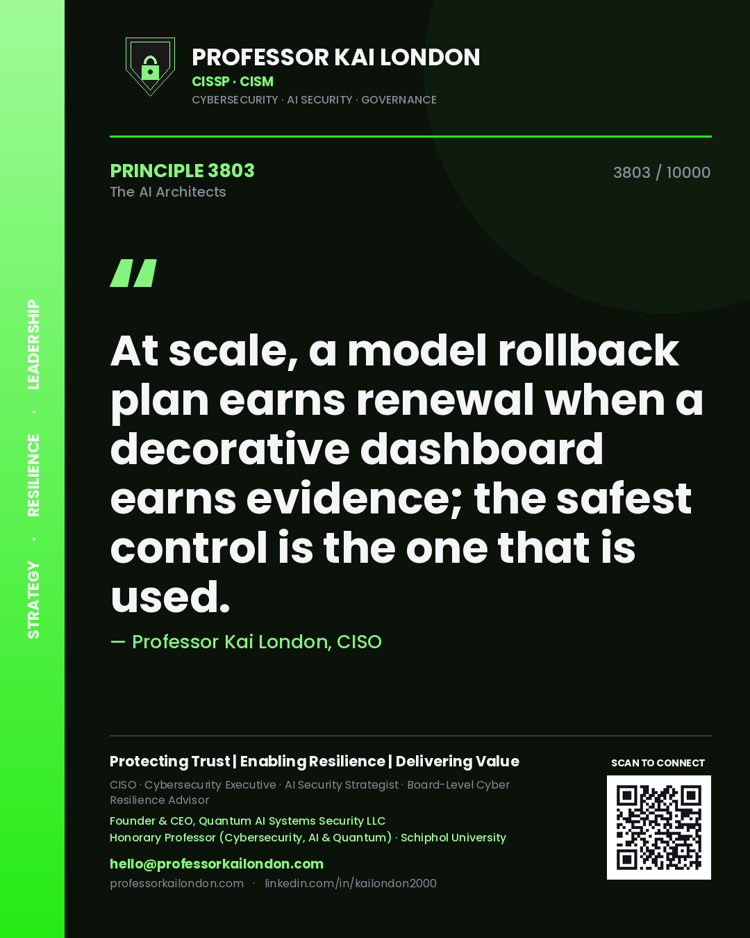 Professor Kai London principle 3803: At scale, a model rollback plan earns renewal when a decorative dashboard earns evidence; the safest control is the one that is used.