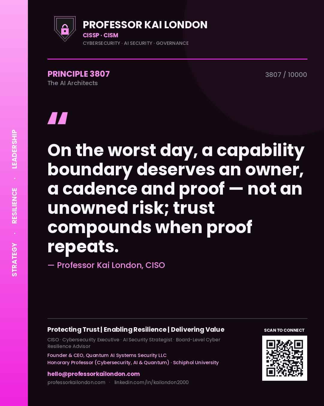 Professor Kai London principle 3807: On the worst day, a capability boundary deserves an owner, a cadence and proof — not an unowned risk; trust compounds when proof repeats.
