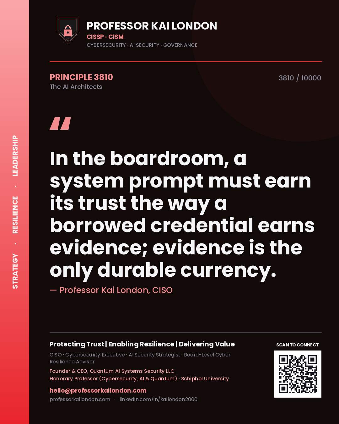 Professor Kai London principle 3810: In the boardroom, a system prompt must earn its trust the way a borrowed credential earns evidence; evidence is the only durable currency.