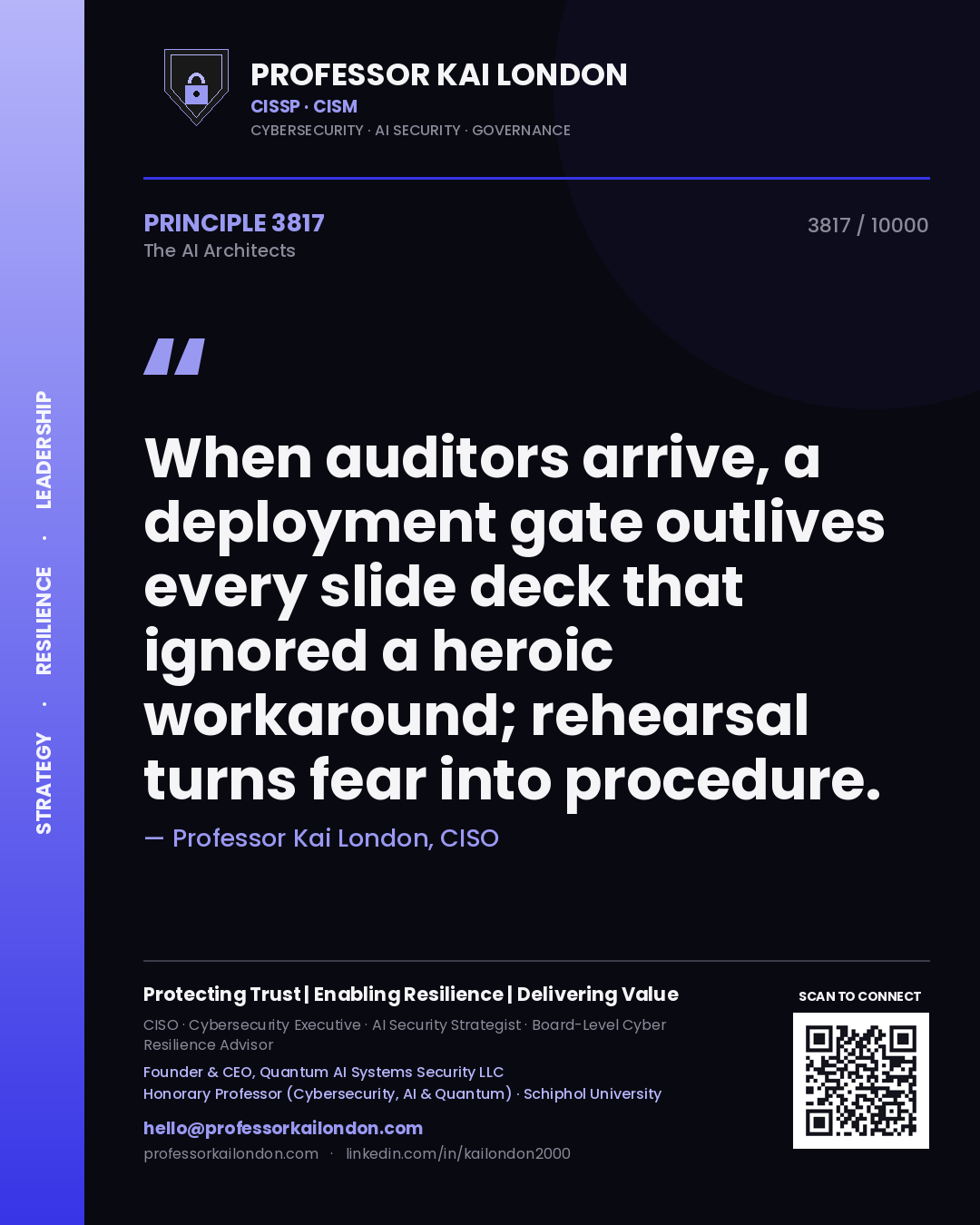 Professor Kai London principle 3817: When auditors arrive, a deployment gate outlives every slide deck that ignored a heroic workaround; rehearsal turns fear into procedure.