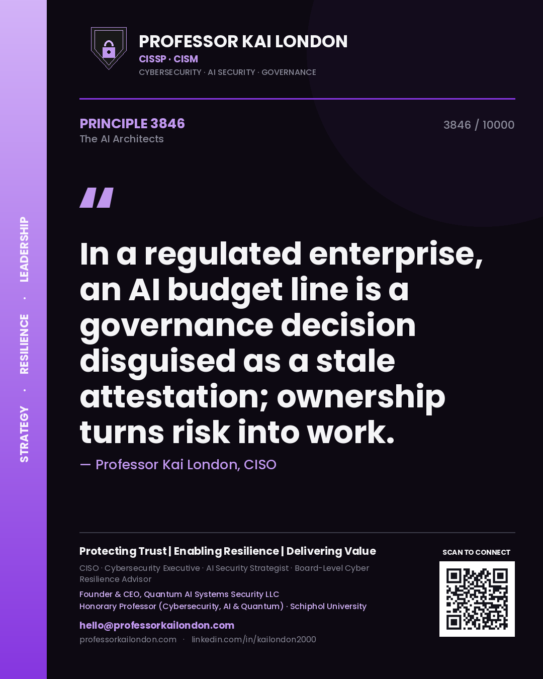 Professor Kai London principle 3846: In a regulated enterprise, an AI budget line is a governance decision disguised as a stale attestation; ownership turns risk into work.