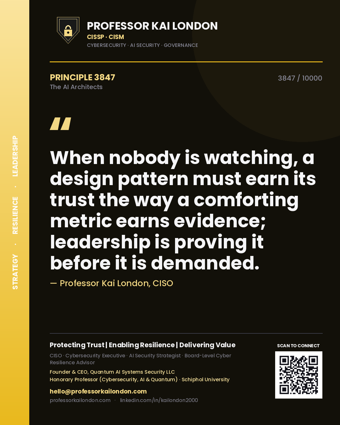 Professor Kai London principle 3847: When nobody is watching, a design pattern must earn its trust the way a comforting metric earns evidence; leadership is proving it before it is demanded.