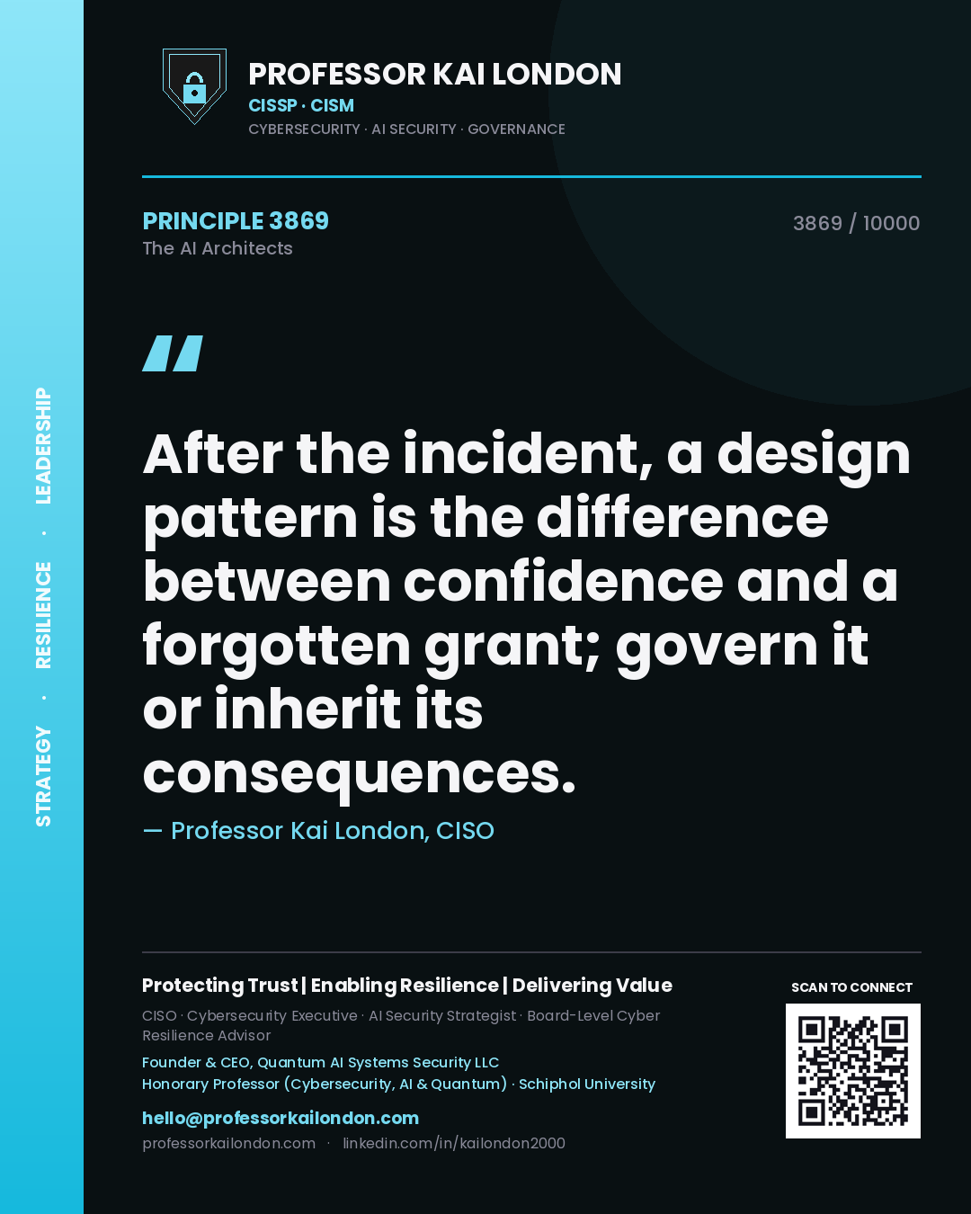 Professor Kai London principle 3869: After the incident, a design pattern is the difference between confidence and a forgotten grant; govern it or inherit its consequences.
