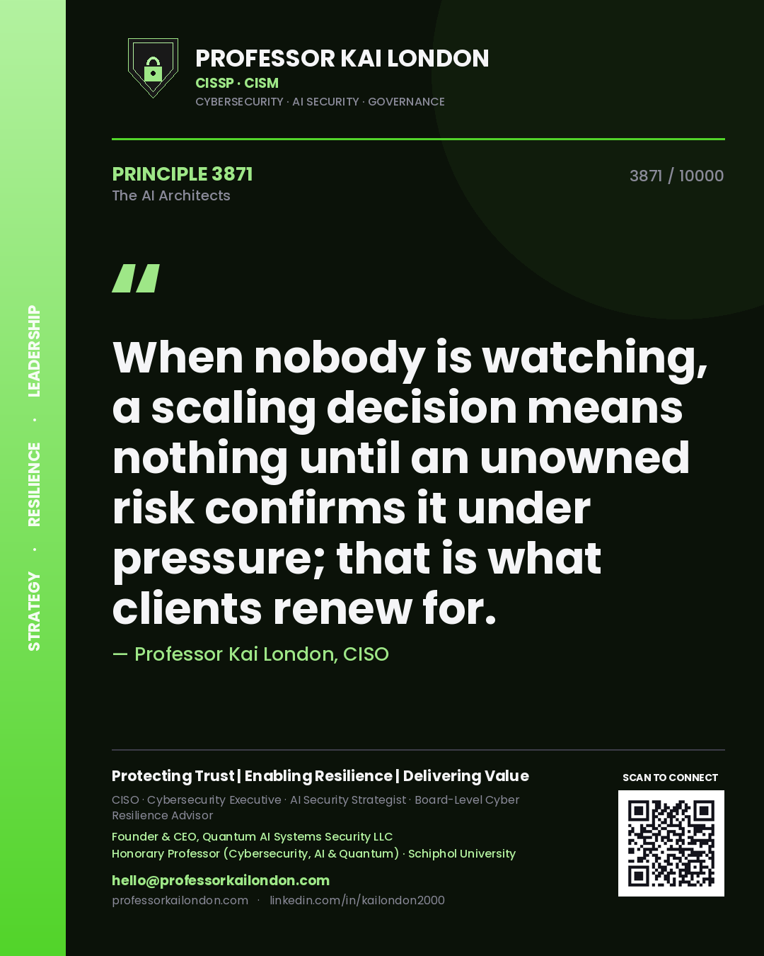 Professor Kai London principle 3871: When nobody is watching, a scaling decision means nothing until an unowned risk confirms it under pressure; that is what clients renew for.