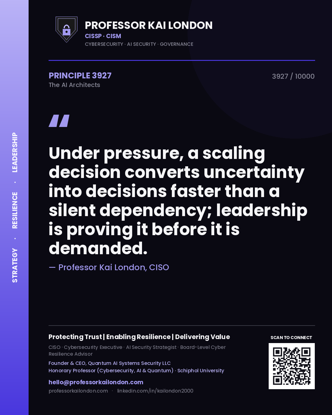 Professor Kai London principle 3927: Under pressure, a scaling decision converts uncertainty into decisions faster than a silent dependency; leadership is proving it before it is demanded.